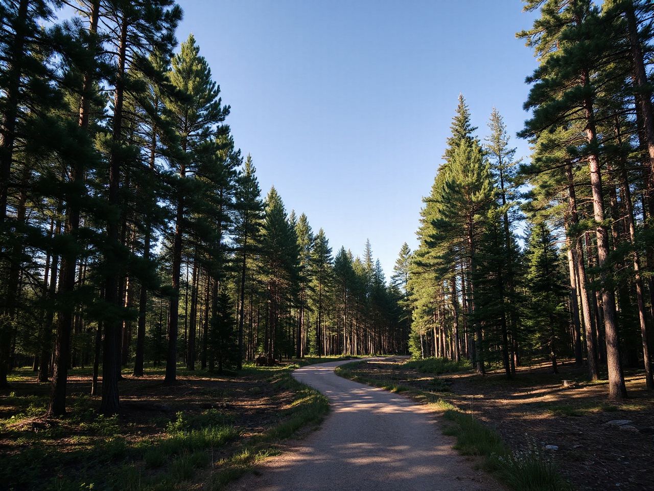 A winding forest trail surrounded by tall pine trees under a clear blue sky in daylight