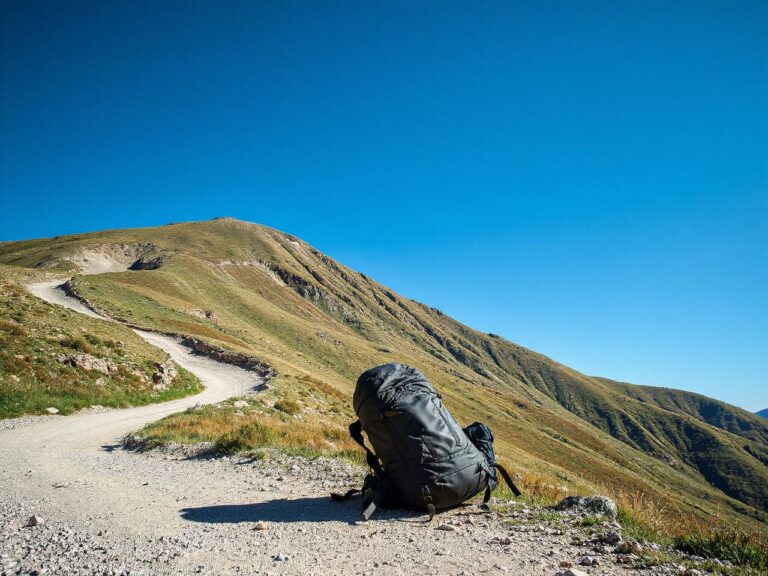 A lone traveler’s backpack resting beside a winding mountain trail under a clear blue sky