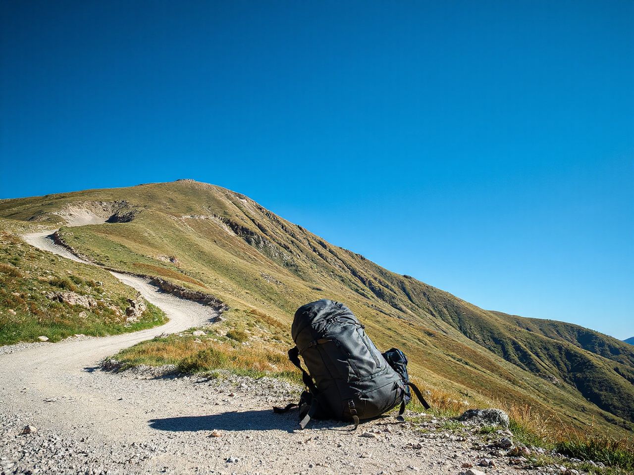 A lone traveler’s backpack resting beside a winding mountain trail under a clear blue sky
