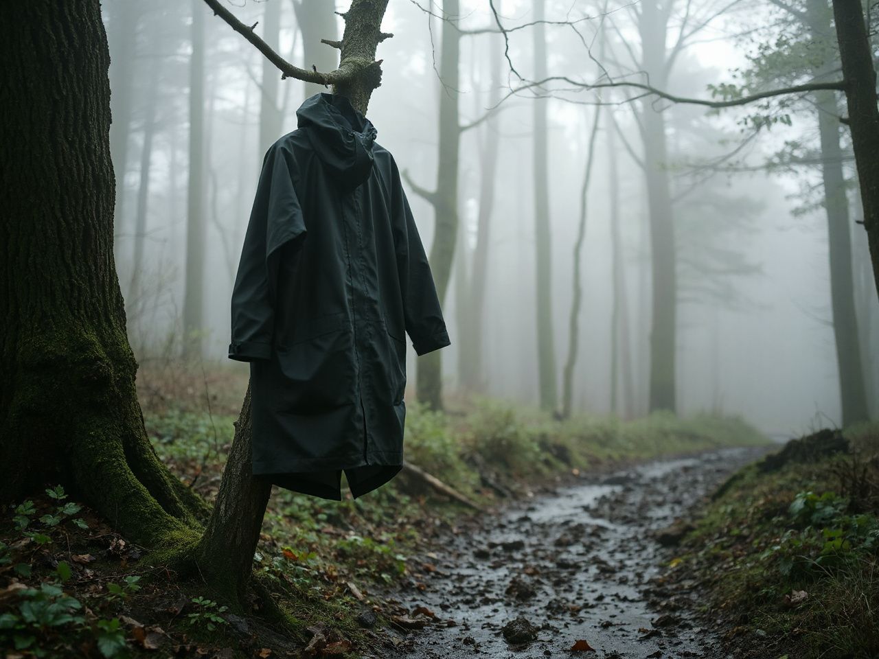 A misty forest trail with a waterproof jacket draped over a tree branch beside a muddy path
