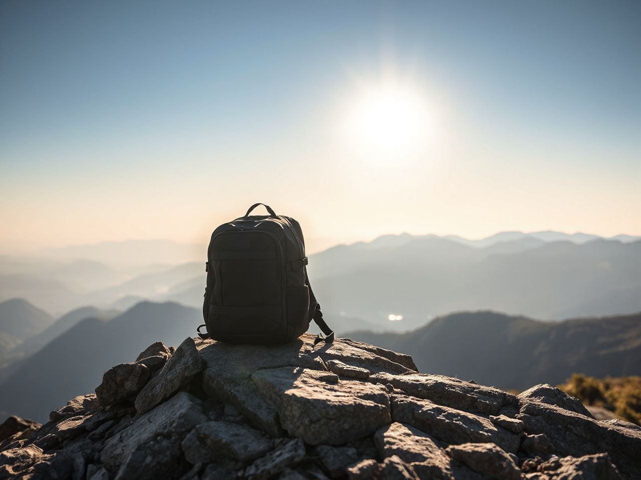 A compact backpack resting on a rocky outcrop overlooking a sunlit mountain valley under clear skies