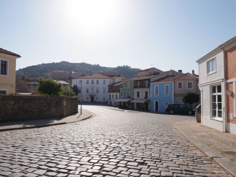 Sunlit coastal town street with cobblestone pavement and colorful buildings under a clear sky