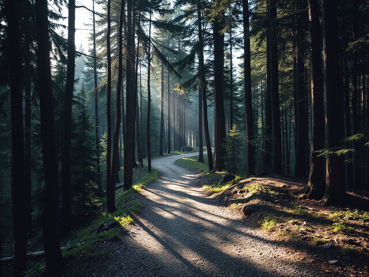Mountain trail winding through dense forest illuminated by soft daylight filtering through the trees