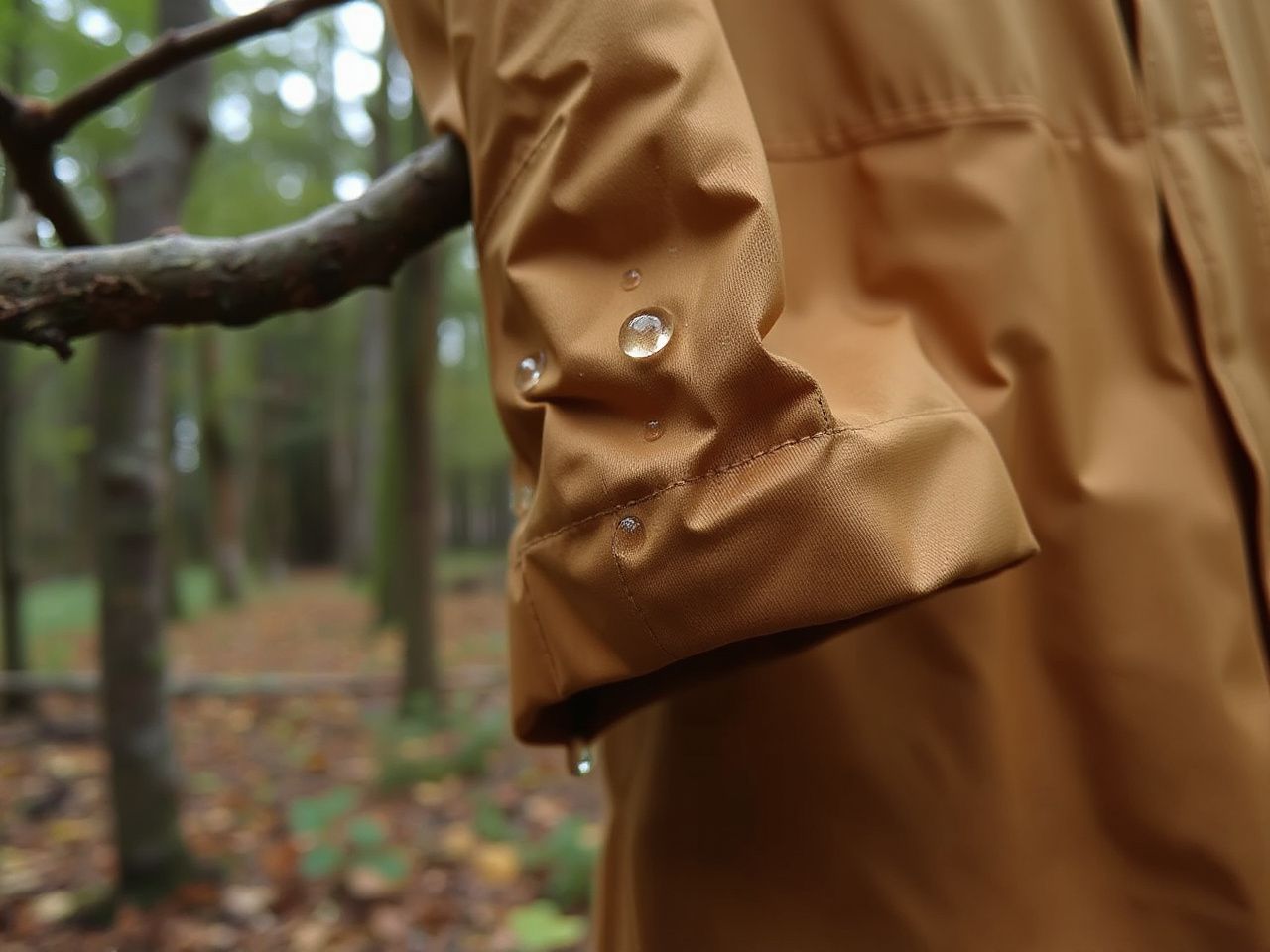 Close-up of rain droplets beading on a sealed seam of a lightweight raincoat hanging on a forest branch