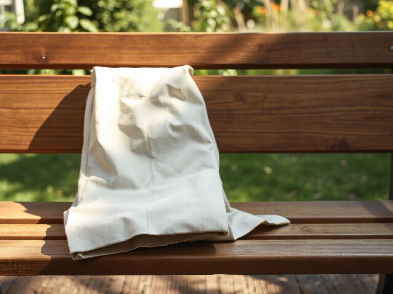 A pair of plain beige wide-leg trousers folded neatly on a wooden garden bench in sunlight