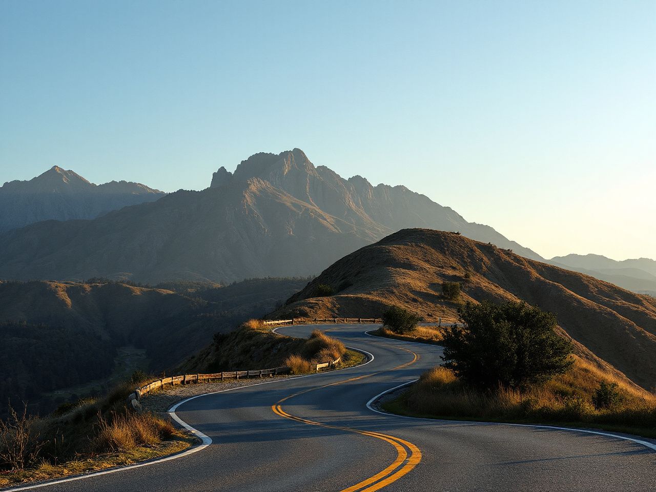A winding mountain road bathed in soft daylight, illustrating the twists and turns of finding the perfect petite fit