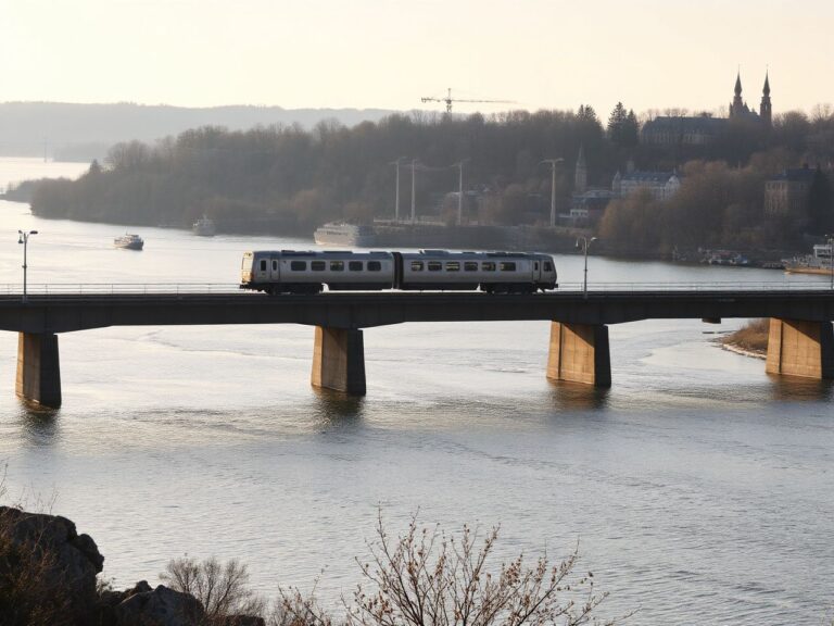 A silver passenger train crossing a long bridge over a wide river at sunrise, seen from far away