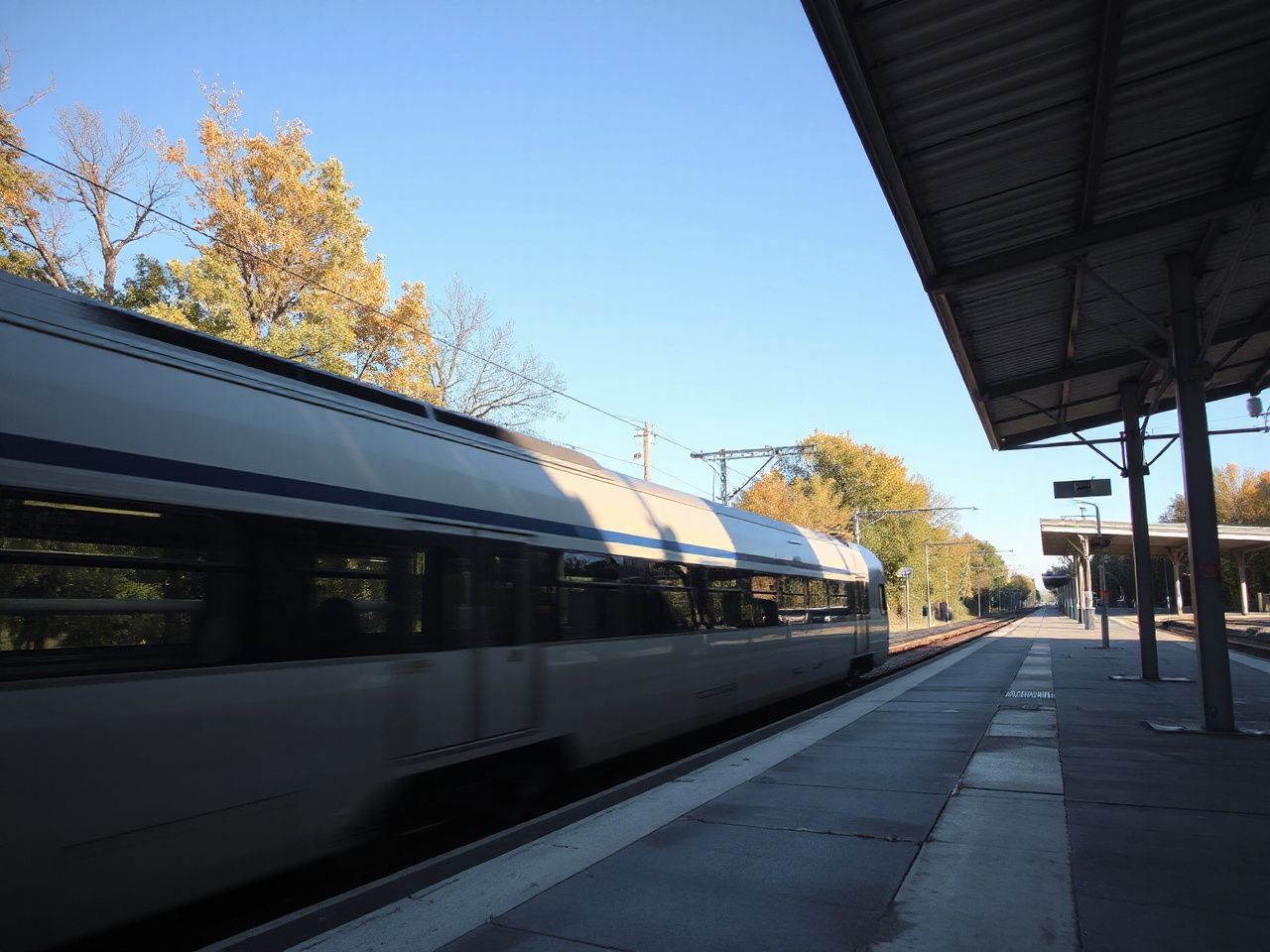A sleek train glides past a sunlit station platform framed by trees and clear blue sky