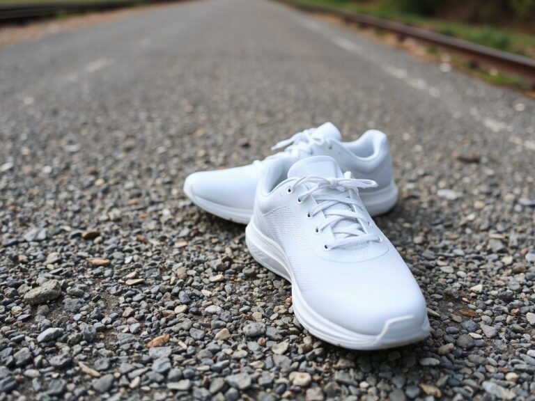 A pair of plain solid white running shoes with smooth uppers and no stripes resting alone on a gravel path