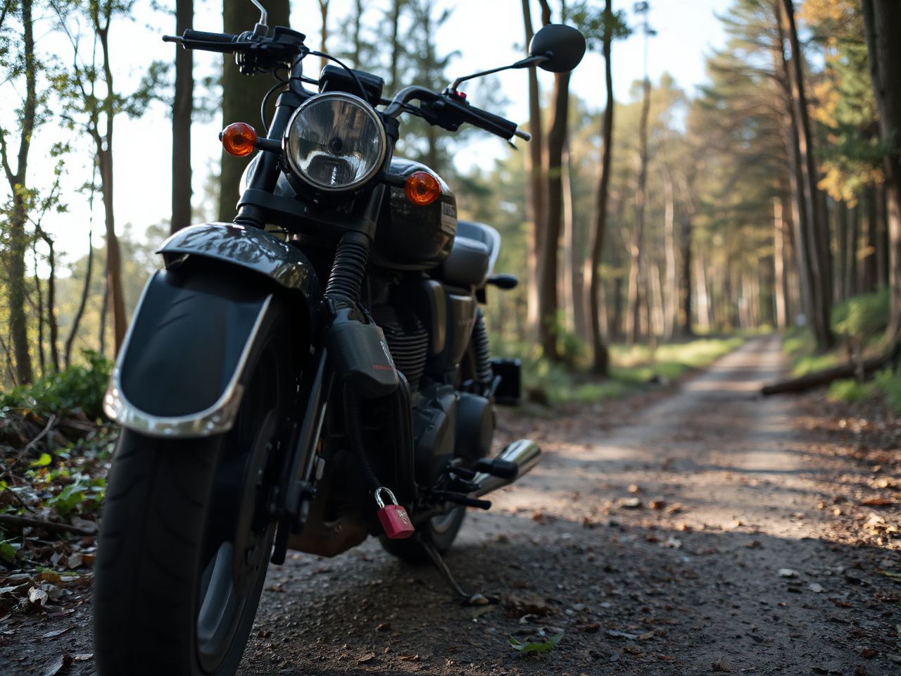 A motorcycle parked beside a quiet forest trail with a sturdy lock securing the front wheel