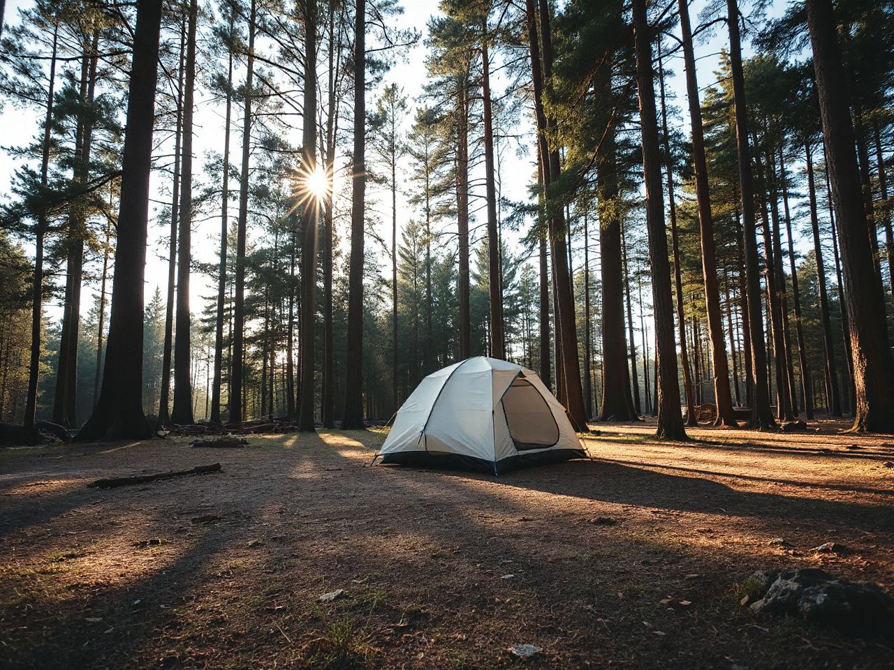 A peaceful forest clearing with a pitched pop up tent surrounded by tall trees and soft sunlight
