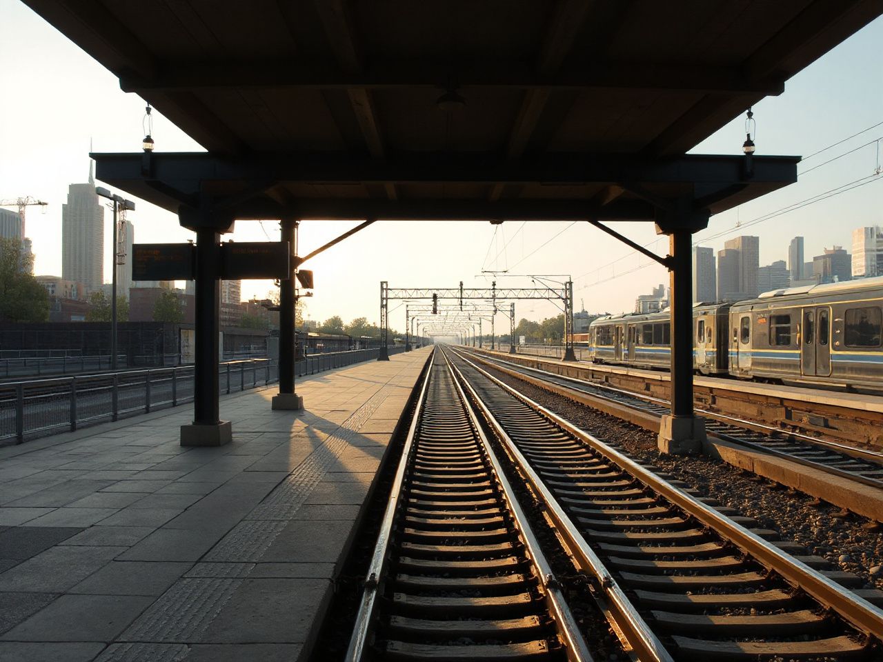 Early morning light bathes a quiet train platform with vintage tracks stretching toward distant city skylines
