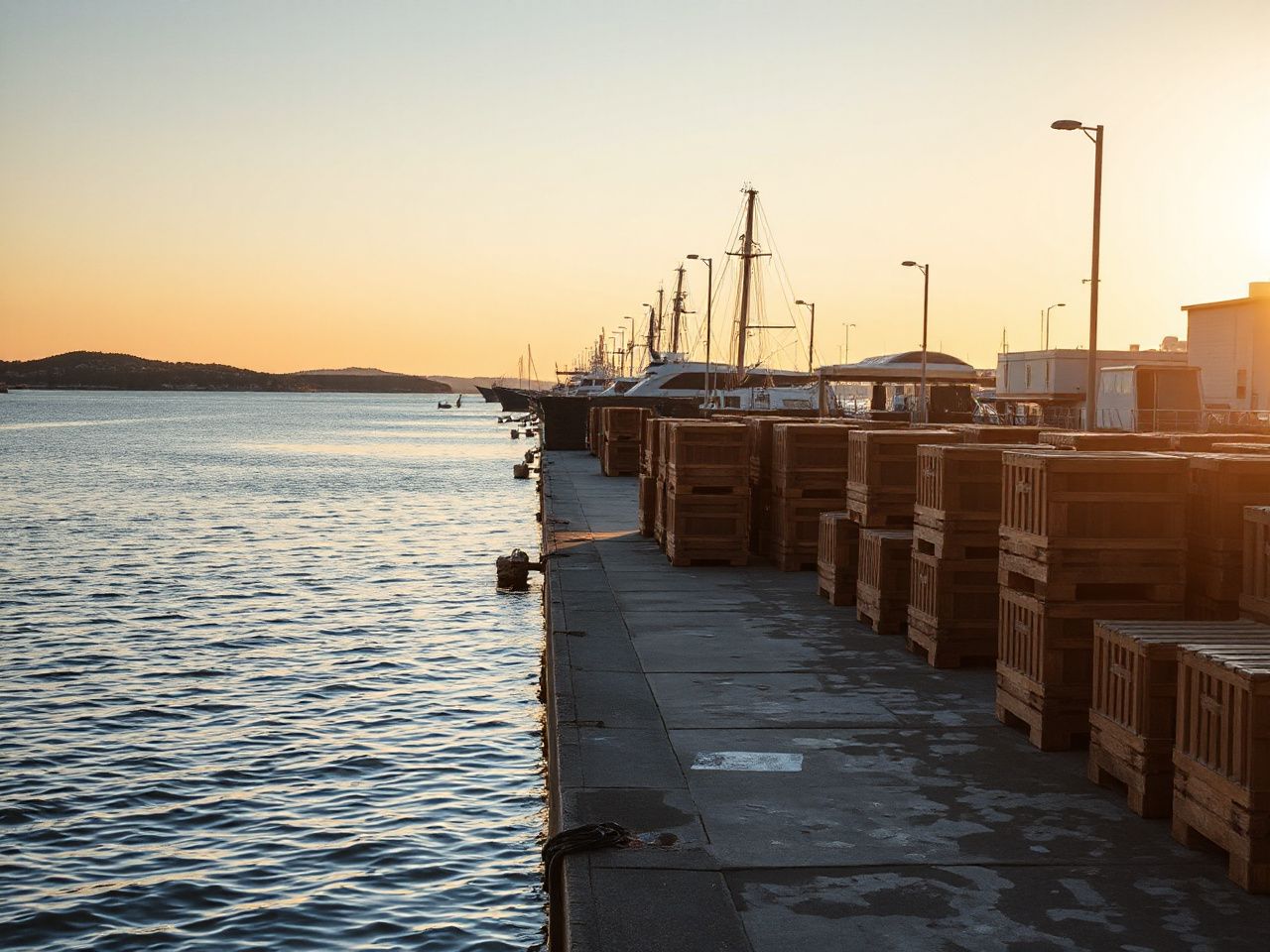A bustling harbor at sunrise with rows of wooden crates stacked beside a calm, shimmering sea