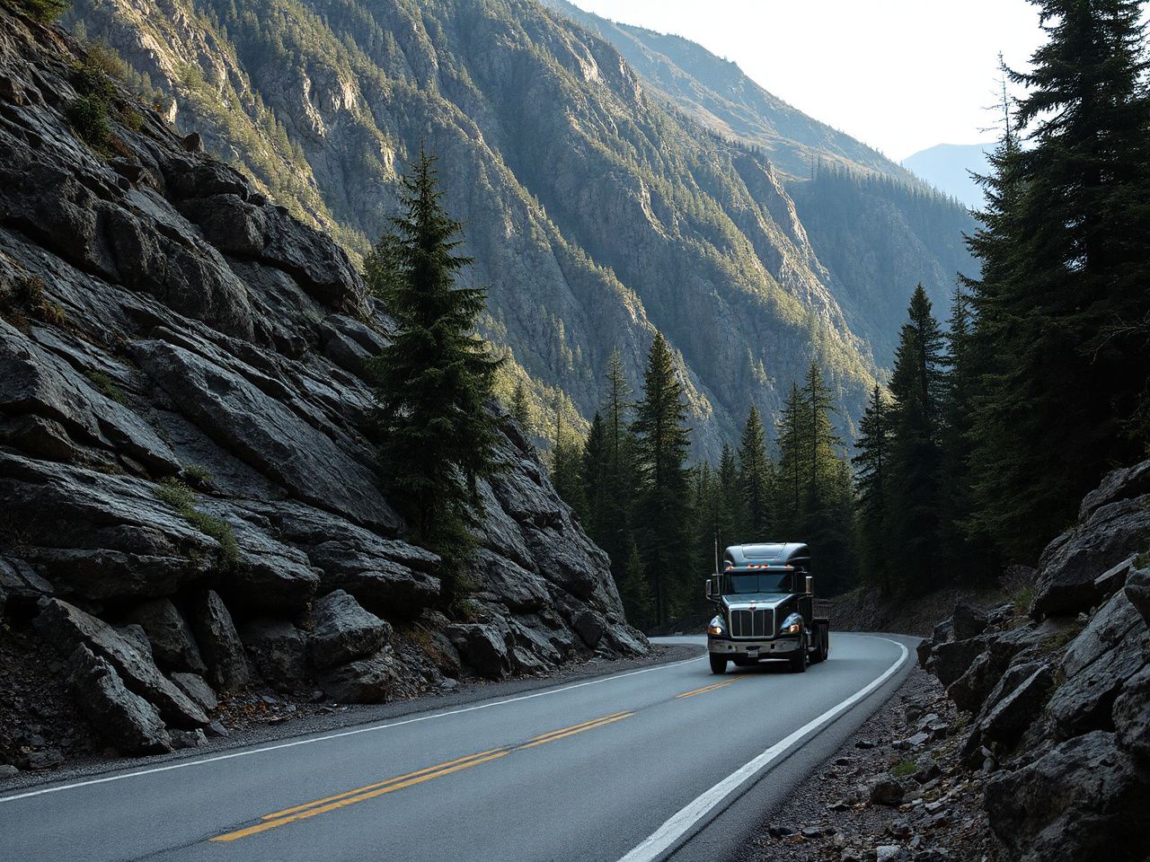 A rugged mountain road winding through dense forest, with a heavy-duty truck navigating the sharp curves