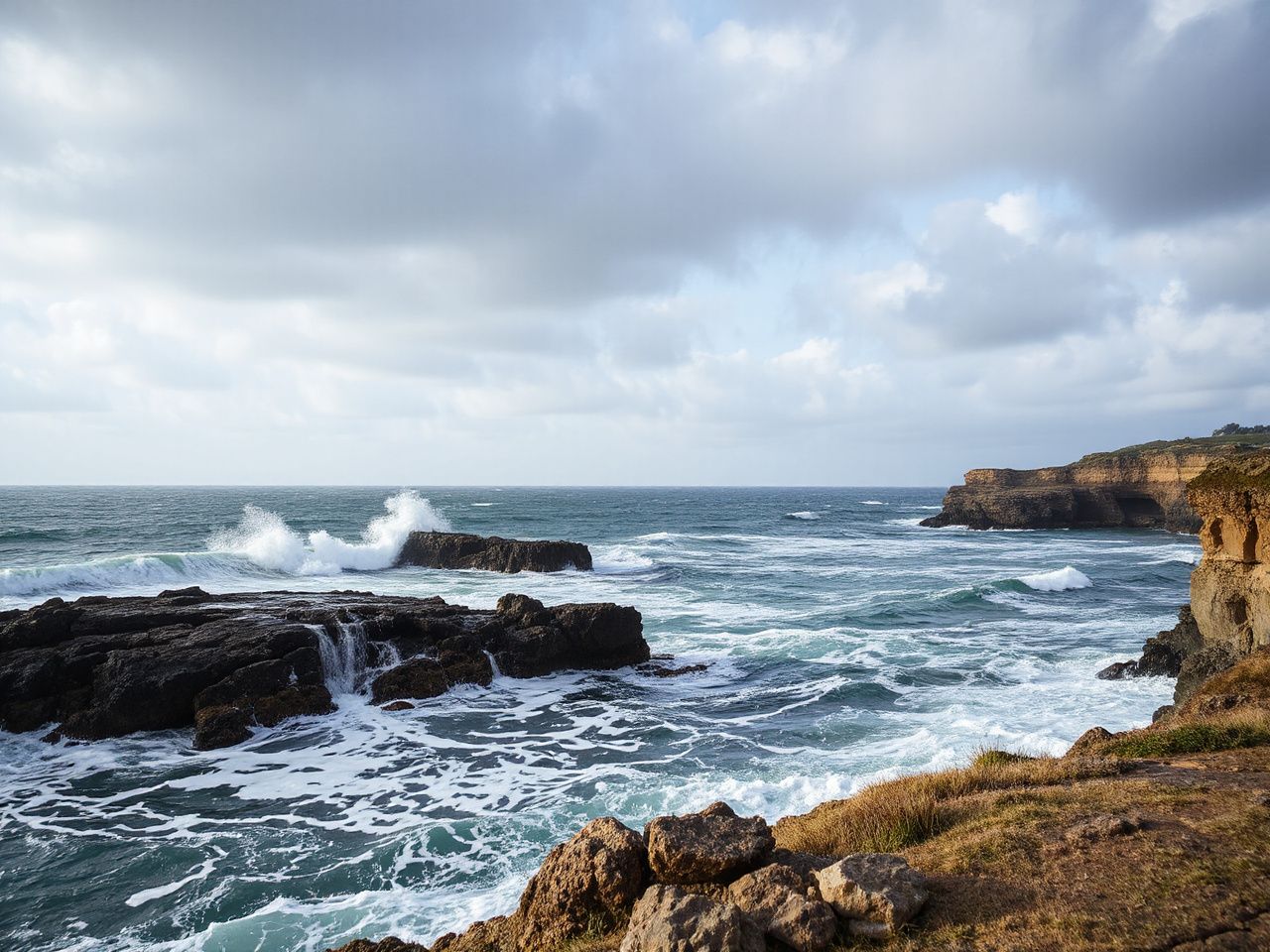 A rugged coastline with crashing waves under a cloudy sky, illustrating nature’s unpredictable beauty