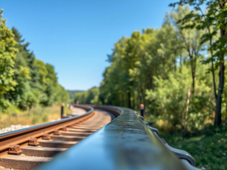 A scenic outdoor railway track winding through a lush green forest under clear blue skies