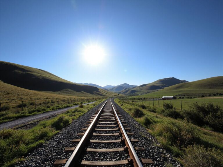 Sunlit railway tracks winding through lush green hills under a clear blue sky in Iberian countryside