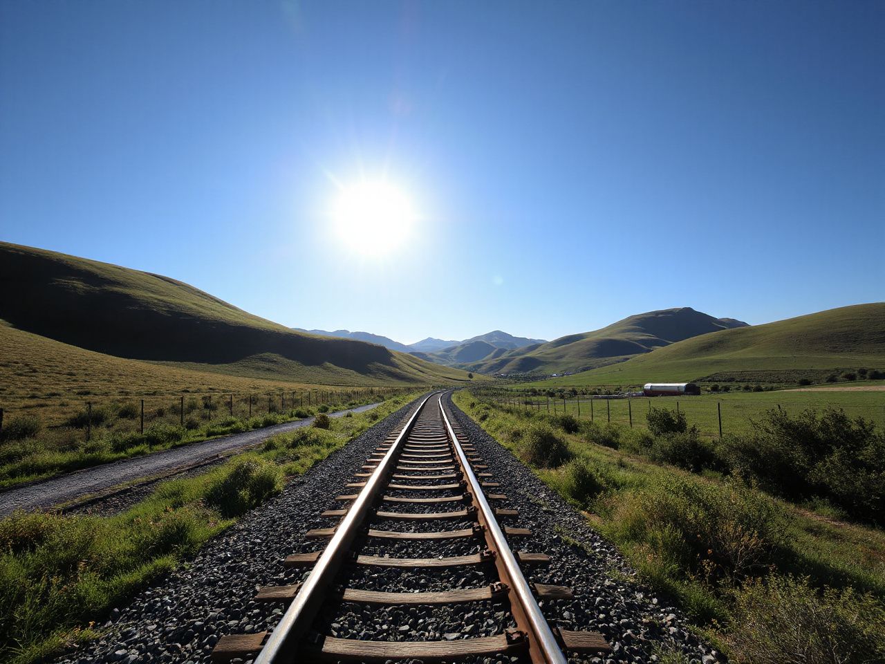 Sunlit railway tracks winding through lush green hills under a clear blue sky in Iberian countryside