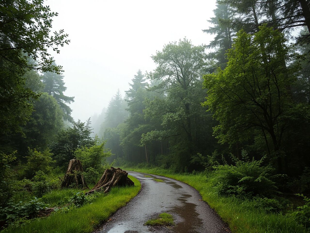 A misty forest trail glistening with raindrops under overcast skies, surrounded by lush green foliage