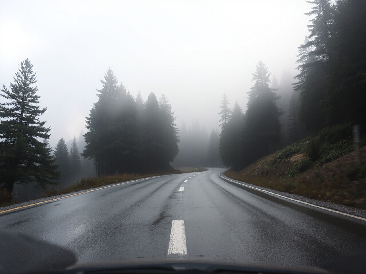 Foggy mountain road with blurred visibility, wet pavement reflecting muted daylight and dense surrounding trees