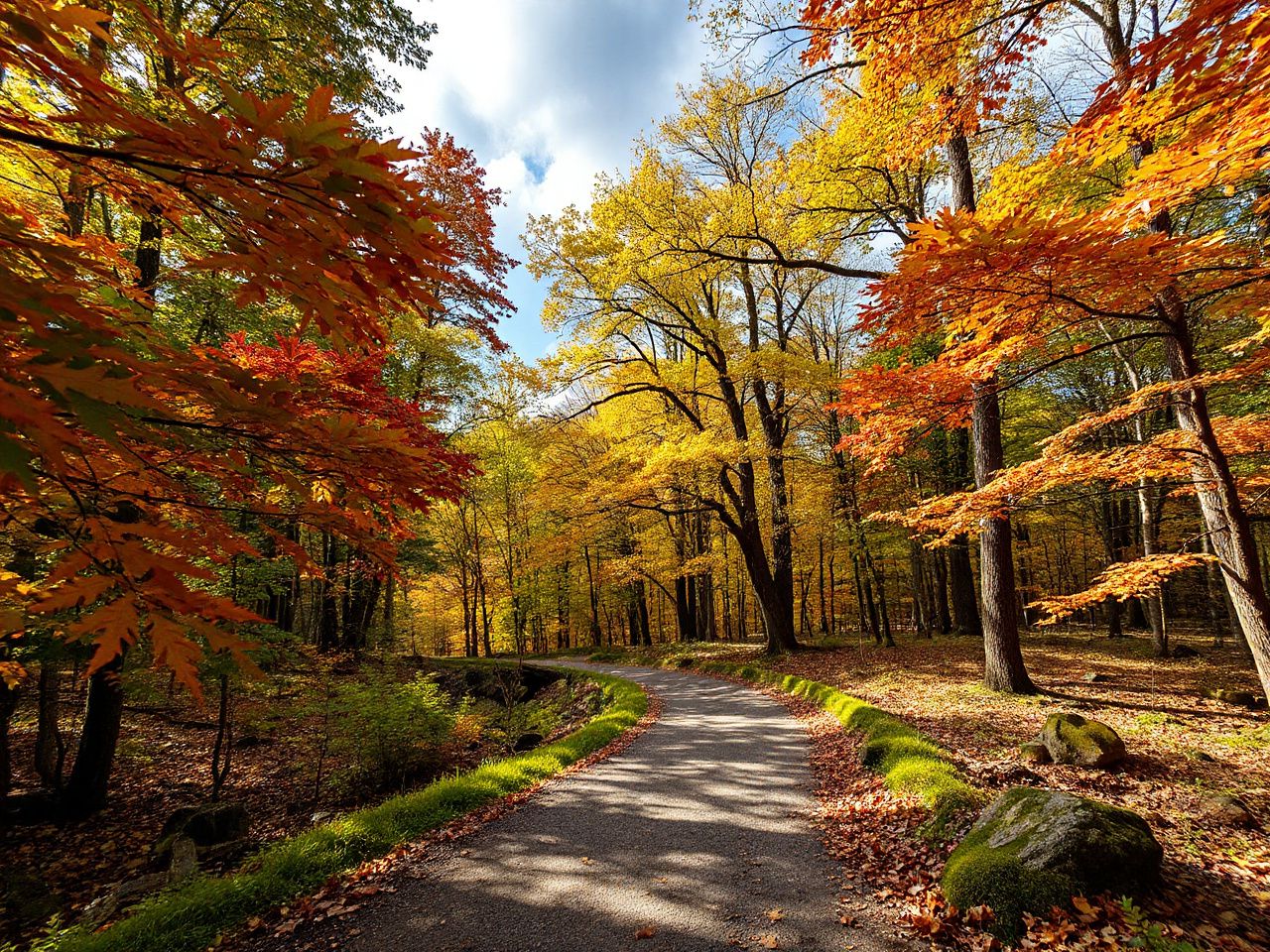 A winding forest trail dappled with sunlight, framed by vibrant autumn leaves under a cloudy sky