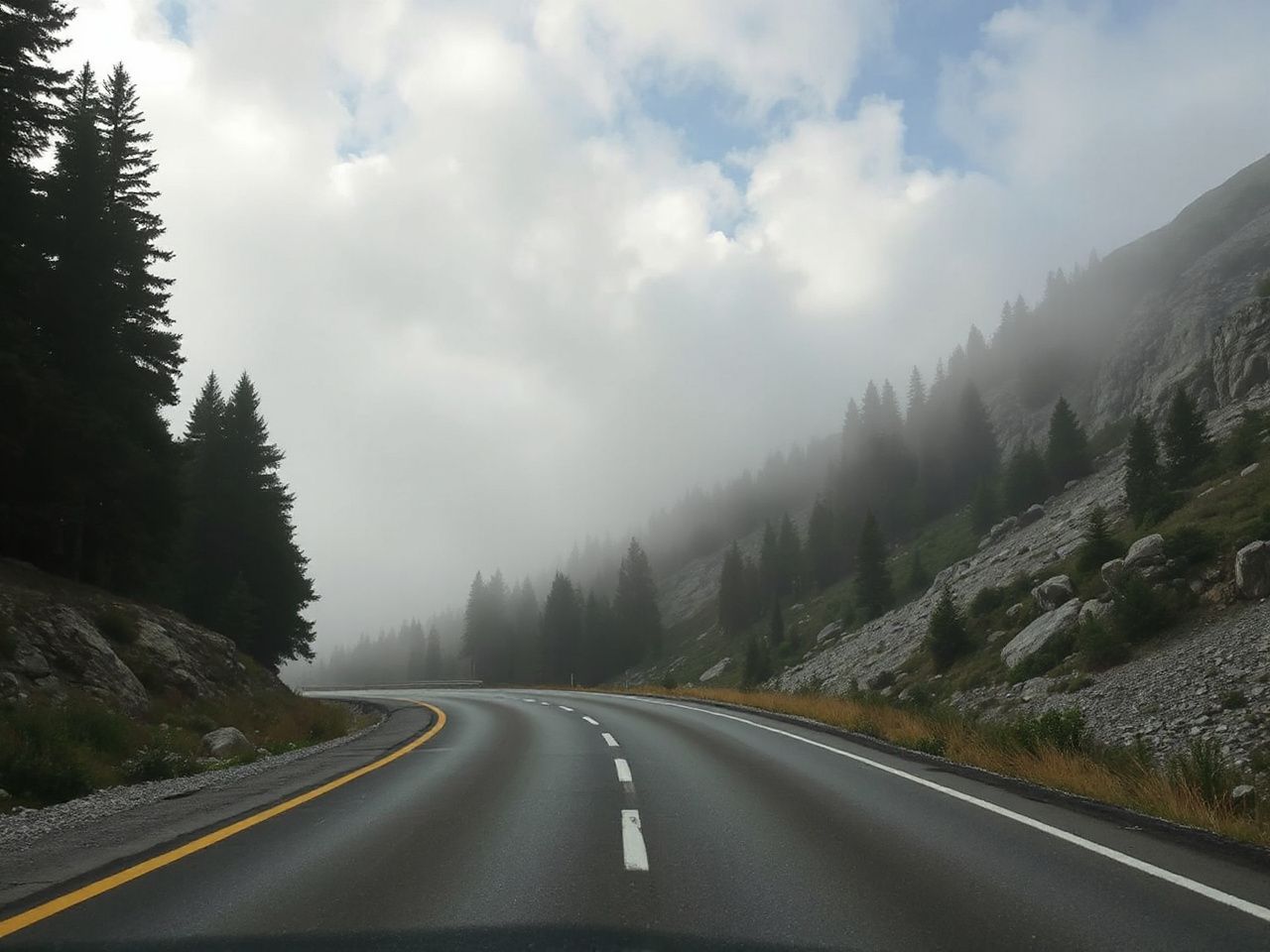 A misty mountain road with low-hanging clouds, bordered by dense pine trees and rugged rocks