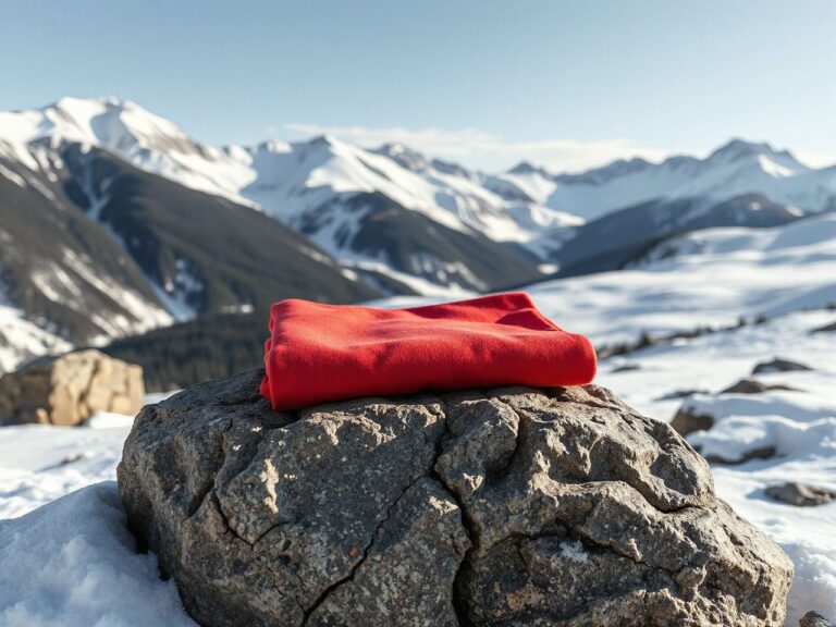 A plain red thermal base layer top folded on a flat rock in a snowy mountain landscape
