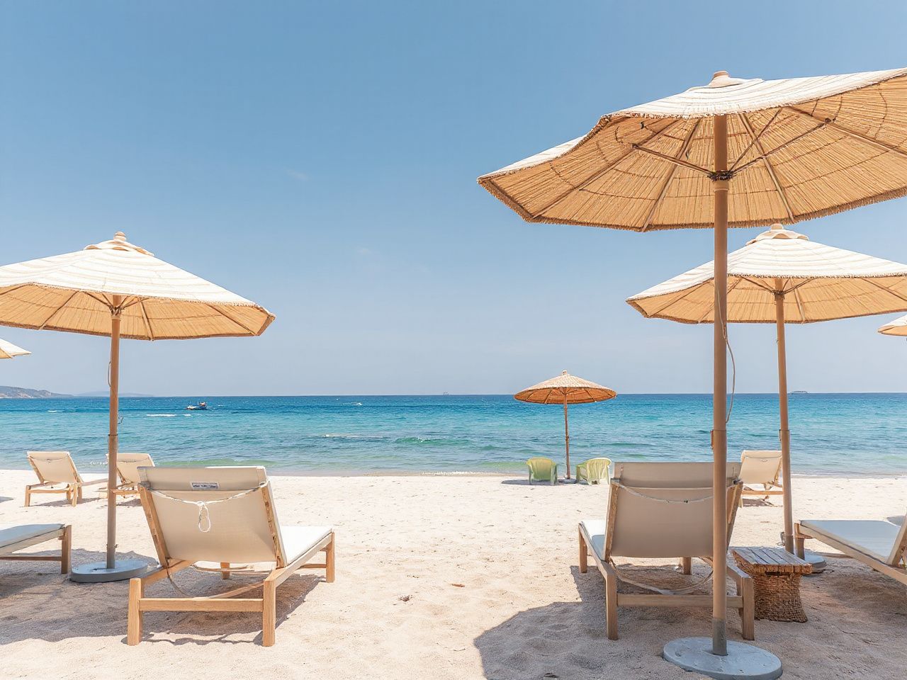 A sunlit beach with lounge chairs and umbrellas overlooking calm turquoise waters under a clear sky