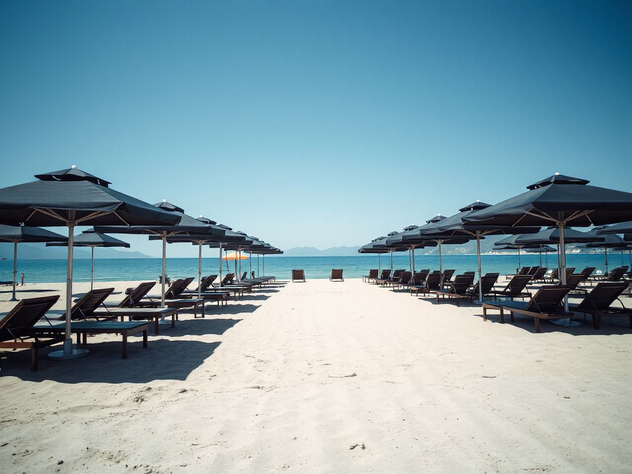 A serene beachfront with lounge chairs and umbrellas under a clear blue sky, perfect for relaxation
