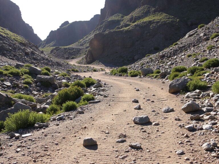 A sunlit mountain trail winding through rocky terrain with scattered patches of green vegetation
