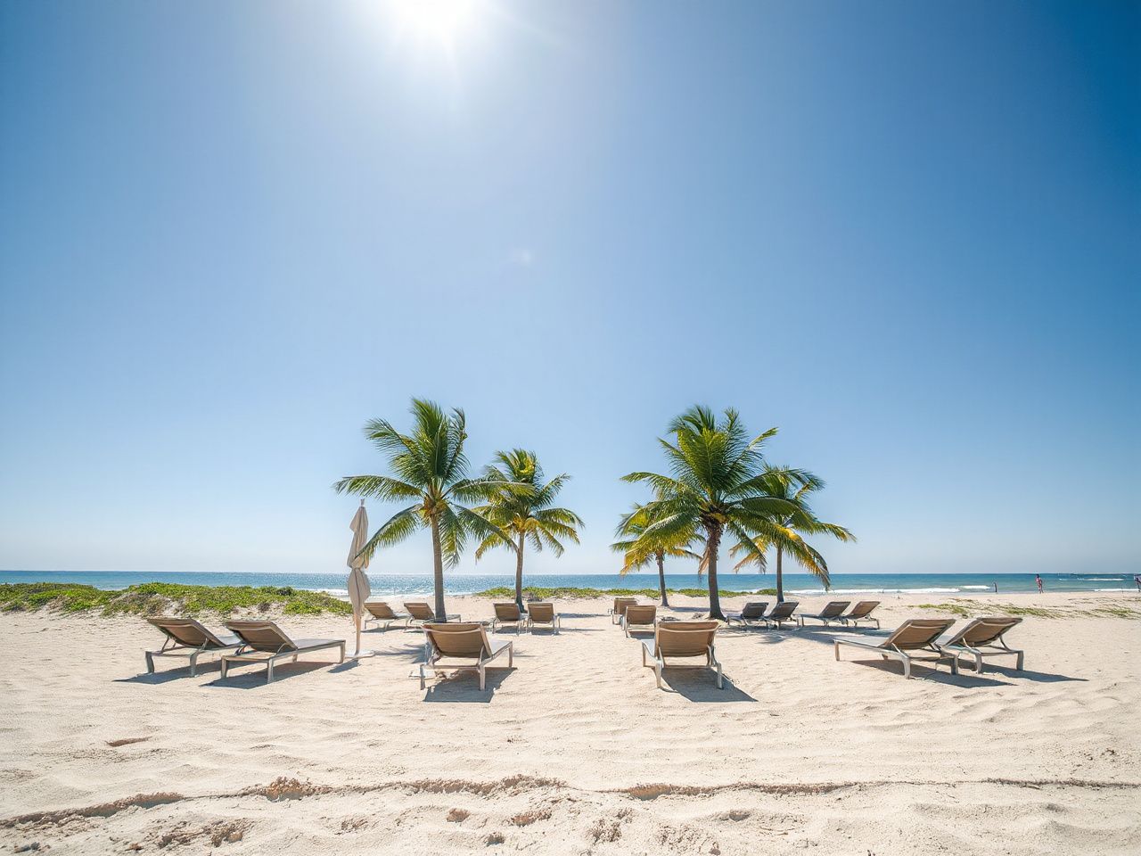 Quiet, sunlit beach with empty lounge chairs and gently swaying palm trees under a clear blue sky