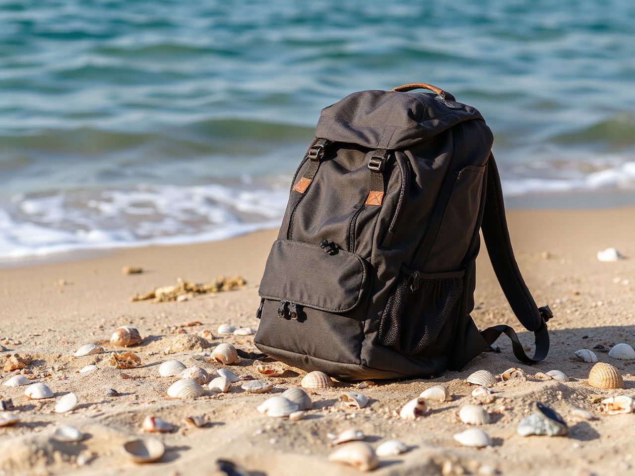 Neatly packed travel backpack resting on a sandy shore beside a calm ocean and scattered seashells