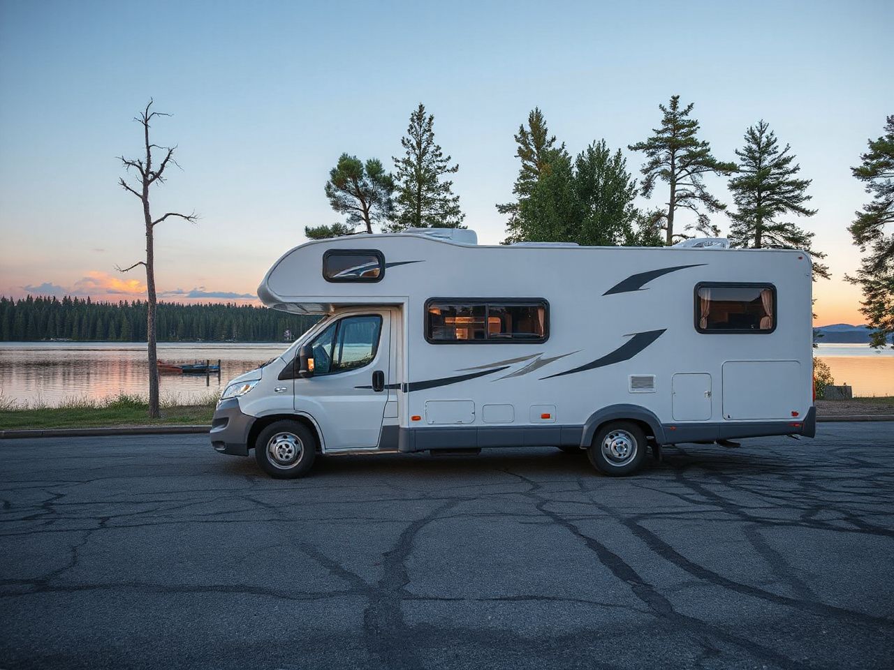A white motorhome with no markings parked at a lakeside campsite at sunset, seen from far away