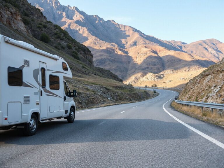 A white motorhome with no markings driving along a winding mountain road, seen from far away
