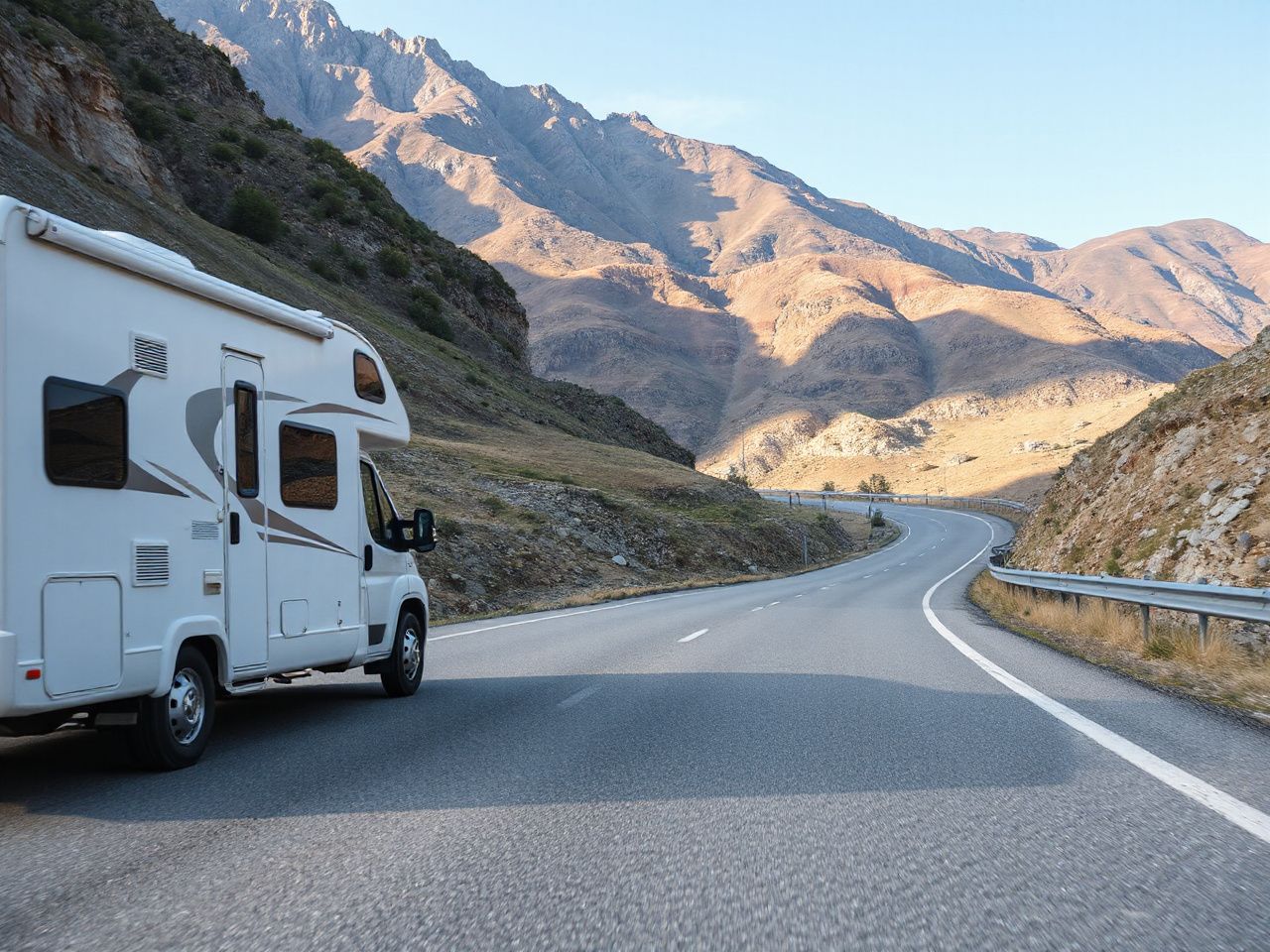 A white motorhome with no markings driving along a winding mountain road, seen from far away