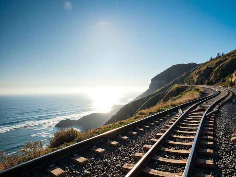 Sunlit coastal railway tracks winding along cliffs between San Diego and Los Angeles under a clear blue sky