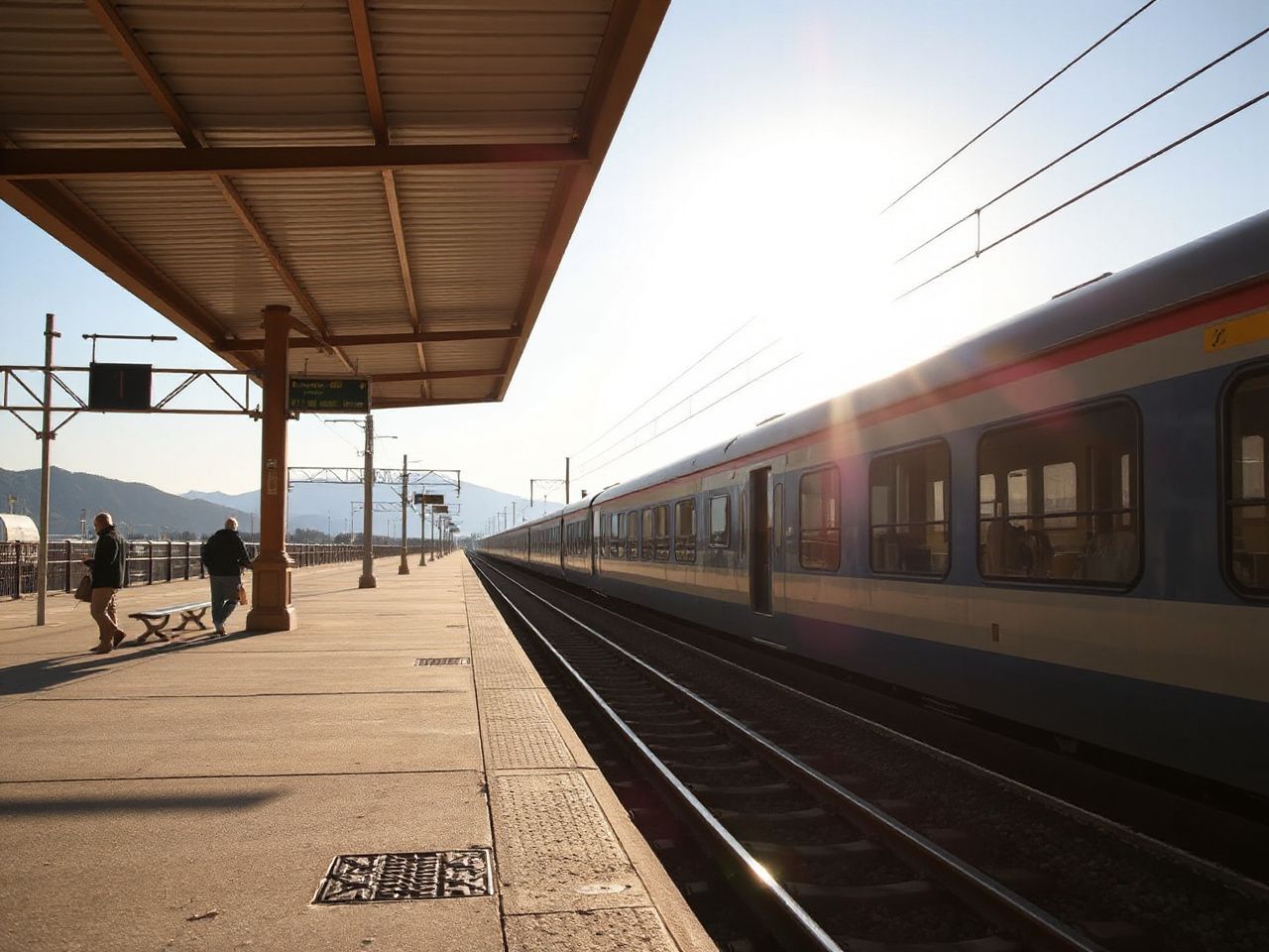 Sunlit train platform with distant hills under a clear sky, capturing the calm of travel schedules