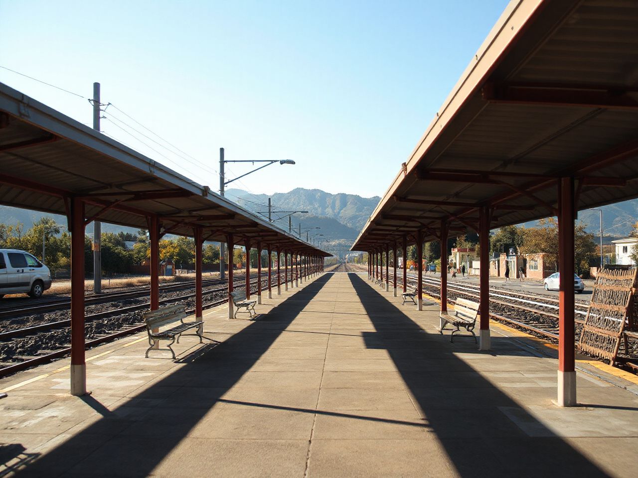 A sunlit train platform with benches and overhead canopies, framed by distant hills under a clear sky