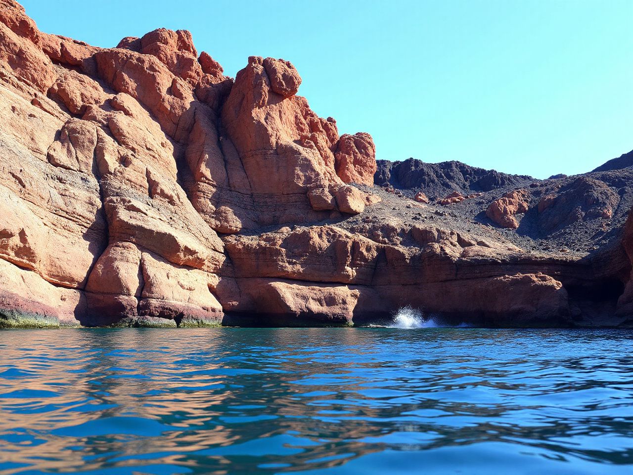 Crimson-hued cliffs rise above the tranquil waters of a secluded volcanic beach under a clear blue sky
