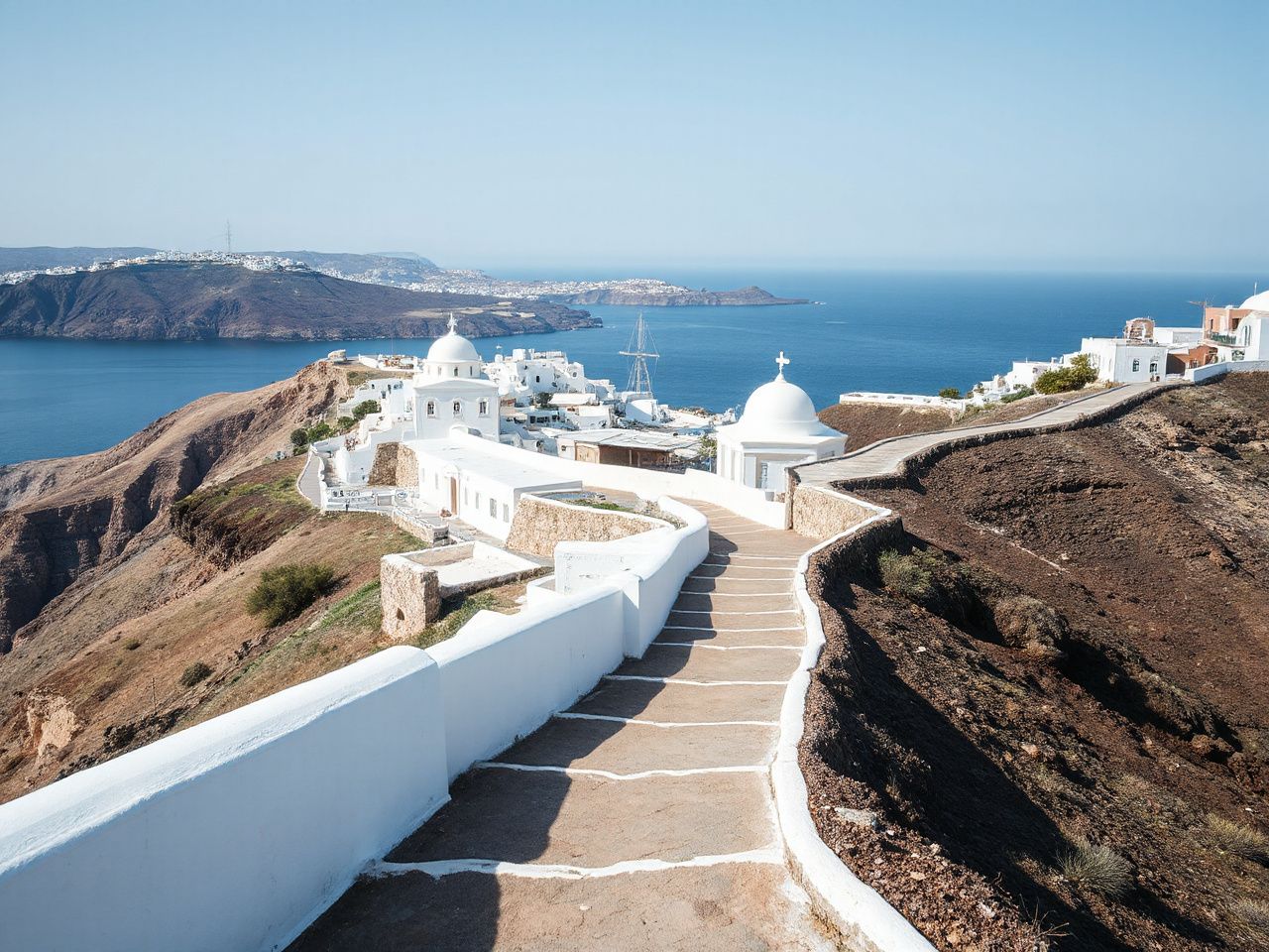 A winding coastal trail hugs the caldera’s edge, offering panoramic views of whitewashed buildings and the sea