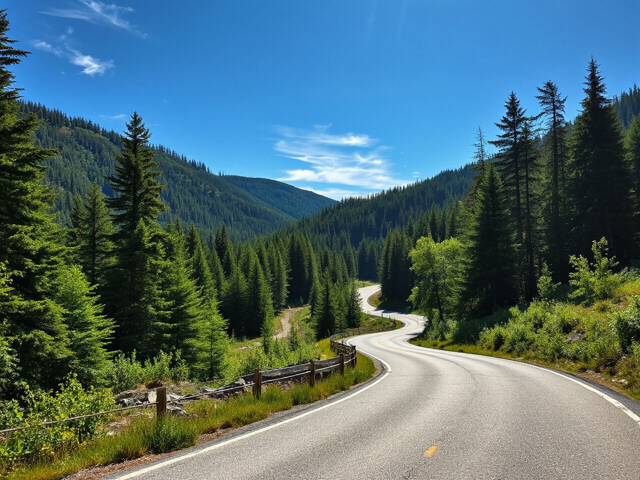A winding mountain road cutting through dense Scandinavian forest under a bright blue sky