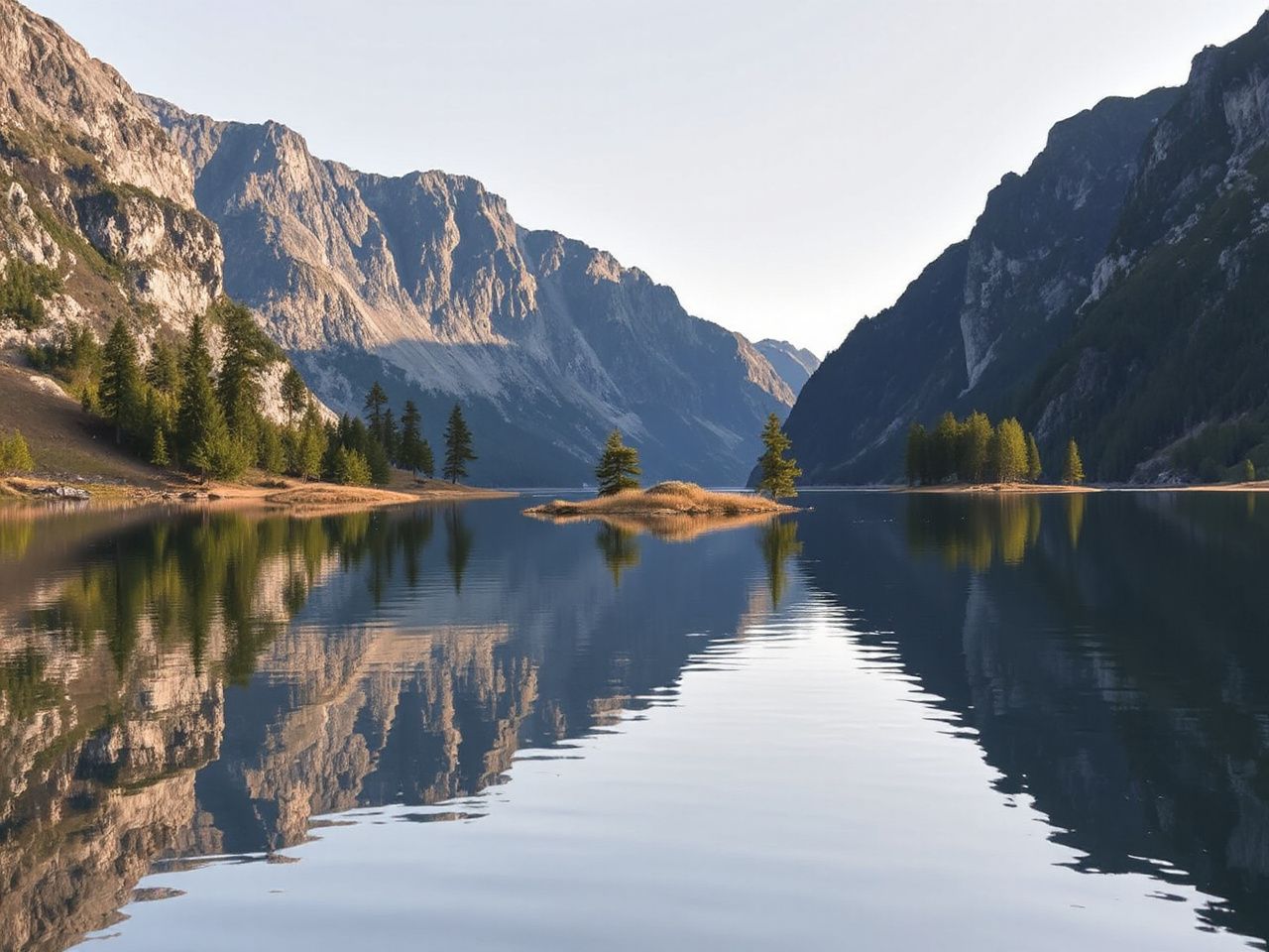 A tranquil fjord lined with towering cliffs and scattered pine trees reflecting in calm water