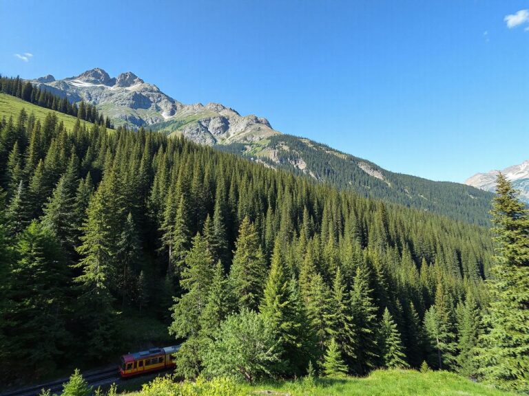Scenic view of a mountain train winding through lush evergreen forests under a bright blue sky