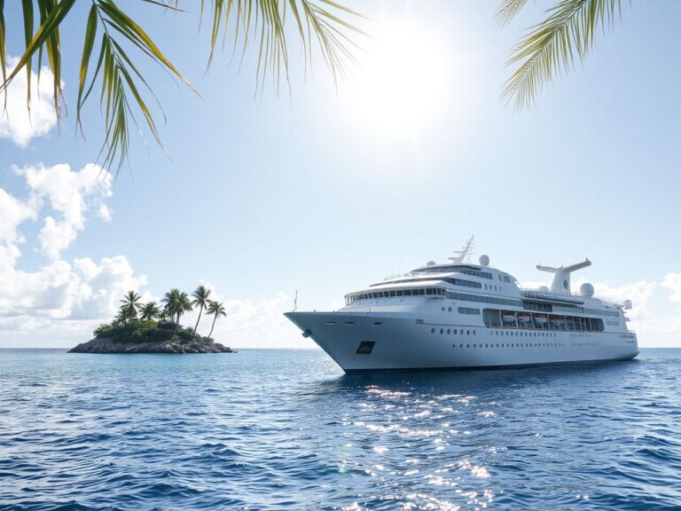 A majestic cruise ship sailing past a sunlit tropical island with palm trees and clear blue waters