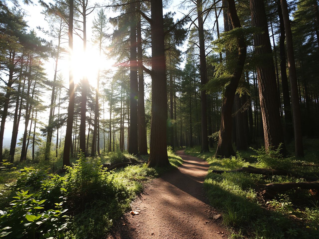 A sunlit forest trail winding through tall trees, symbolizing eco-friendly outdoor adventures and sustainable choices