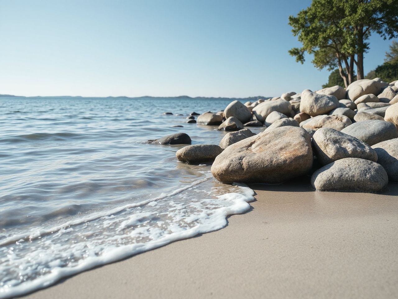 A calm lakeshore with gentle waves lapping against smooth rocks under a bright blue sky