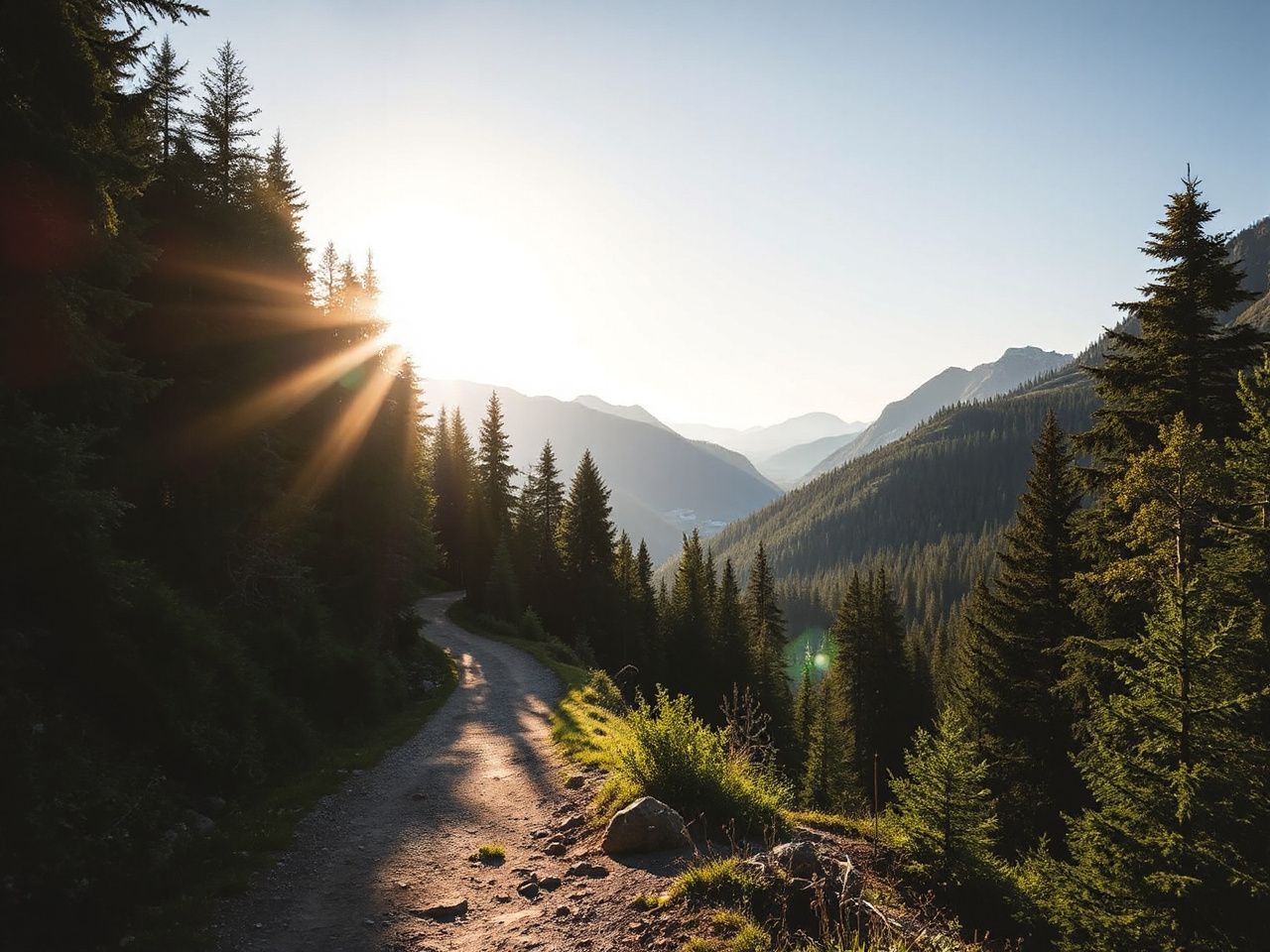 Sunlit mountain trail winding through dense forest, showcasing durable outdoor fabrics in natural settings