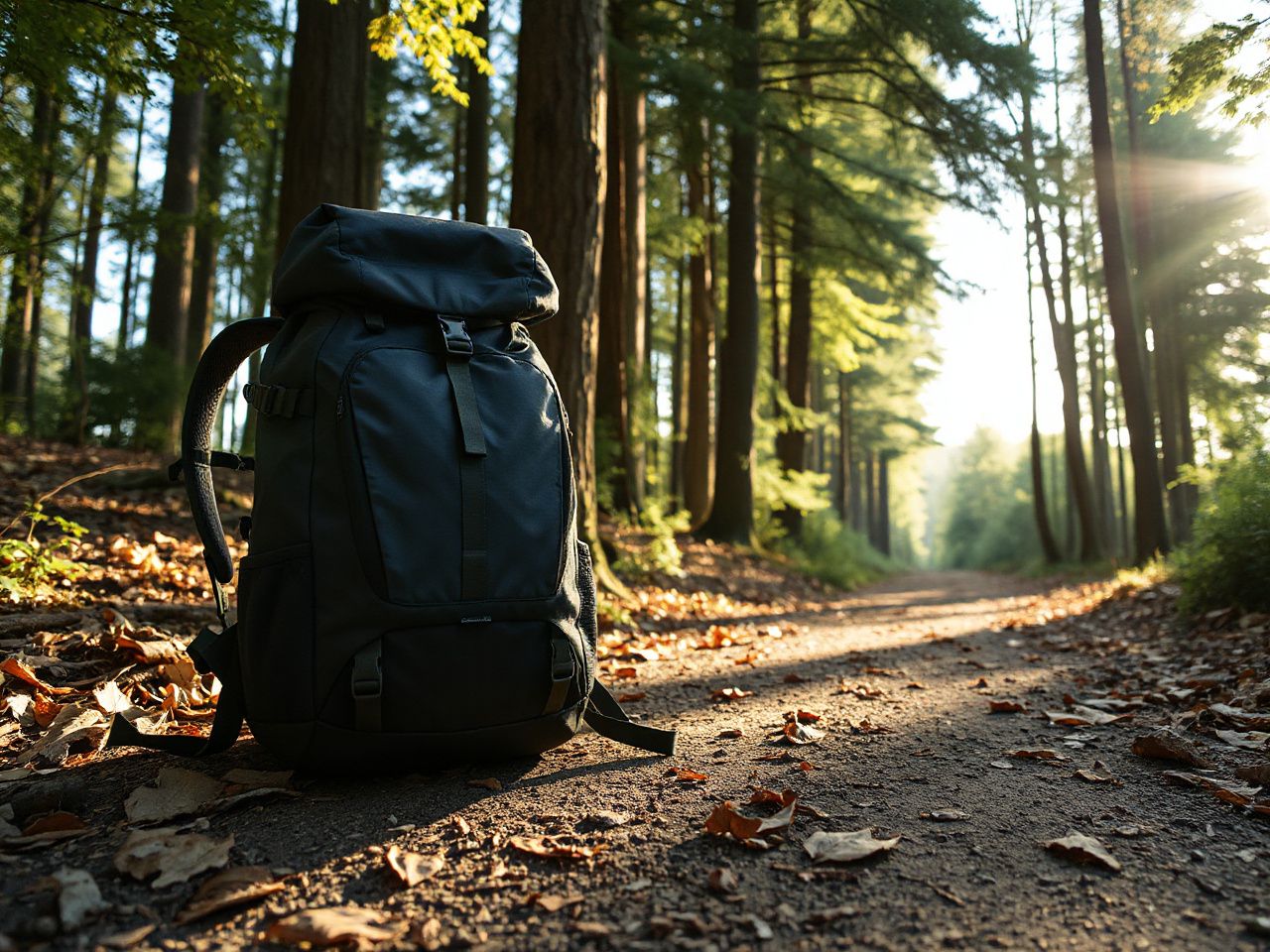 A neatly packed backpack resting on a sunlit forest trail surrounded by tall green trees and scattered leaves