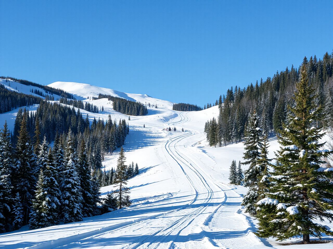 Snow-covered alpine slopes with ski tracks winding through pine forests under a clear blue sky