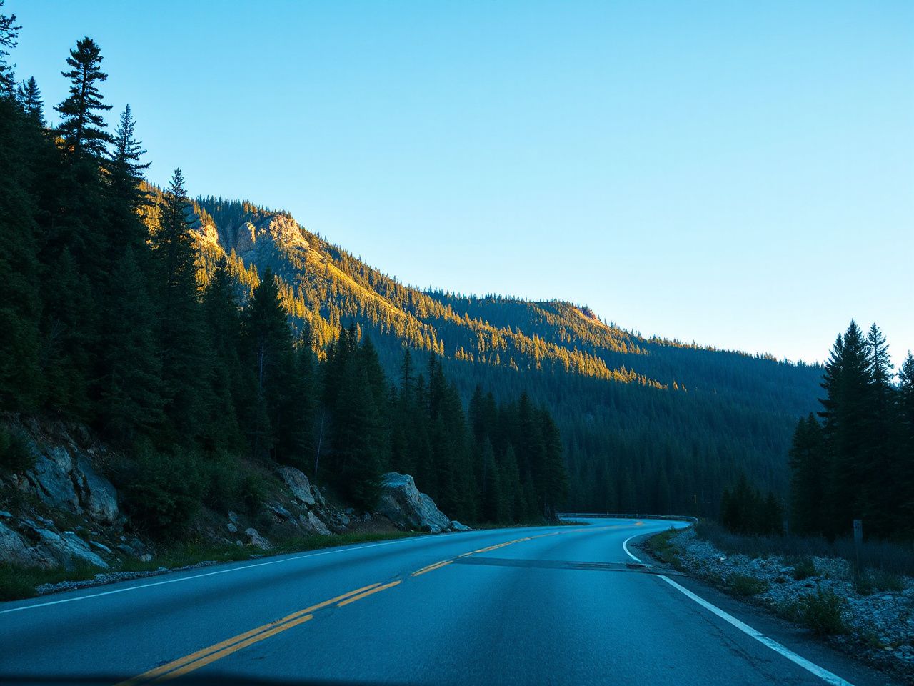 A quiet mountain road winding through dense forest under a clear blue sky, symbolizing calculated risks